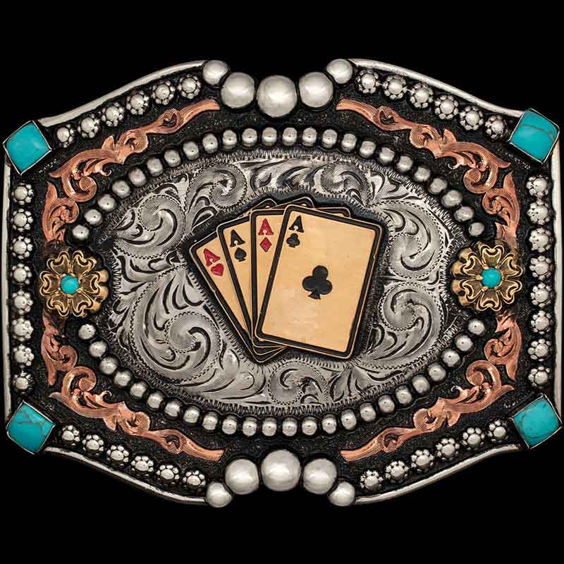 The Turquoise Fashion Belt Buckle features 4 large turquoise stones with our signature silver bead edge and double inner frame for your western outfit!