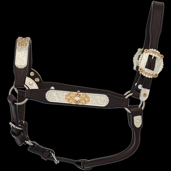 A leather horse halter with monogrammed details, sterling silver materials and golden scrolls