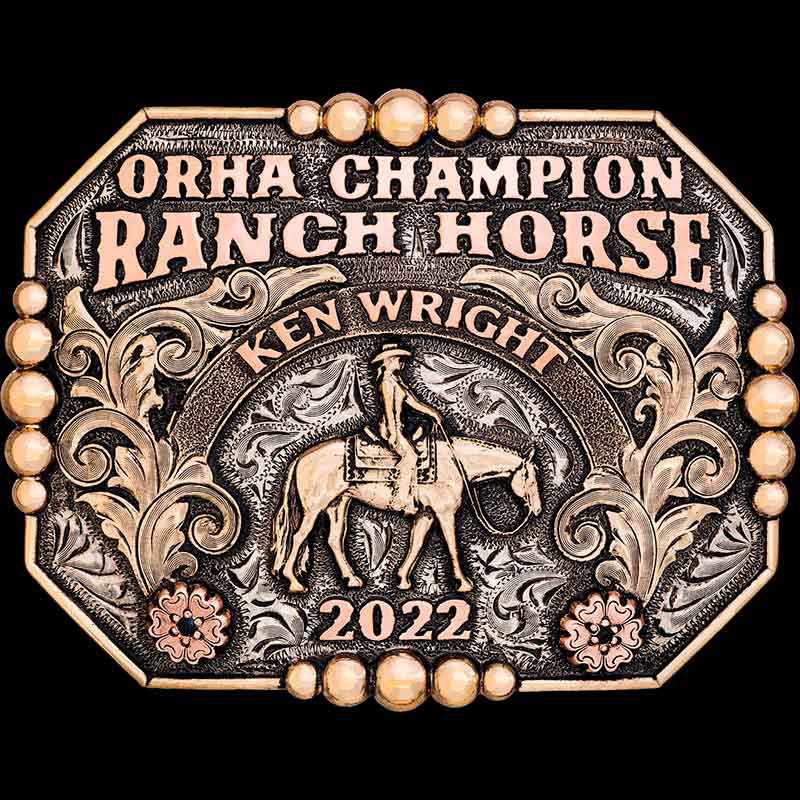 This Buckle is made with antiqued German Silver and a Bronze line and bead edge, bronze florals and figure, copper flower and lettering.

THIS IS A BLACK