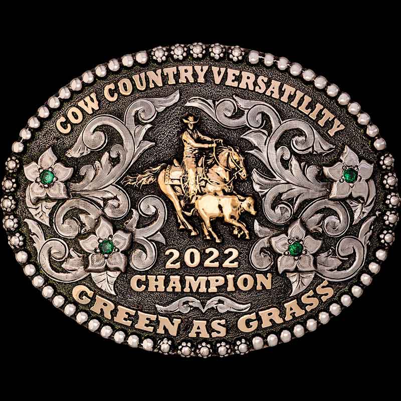 Cripple Creek, This classic old school oval design has a bead and berry edge with German Silver Overlays, Jewelers Bronze flowers, letters and figures.  Choose 