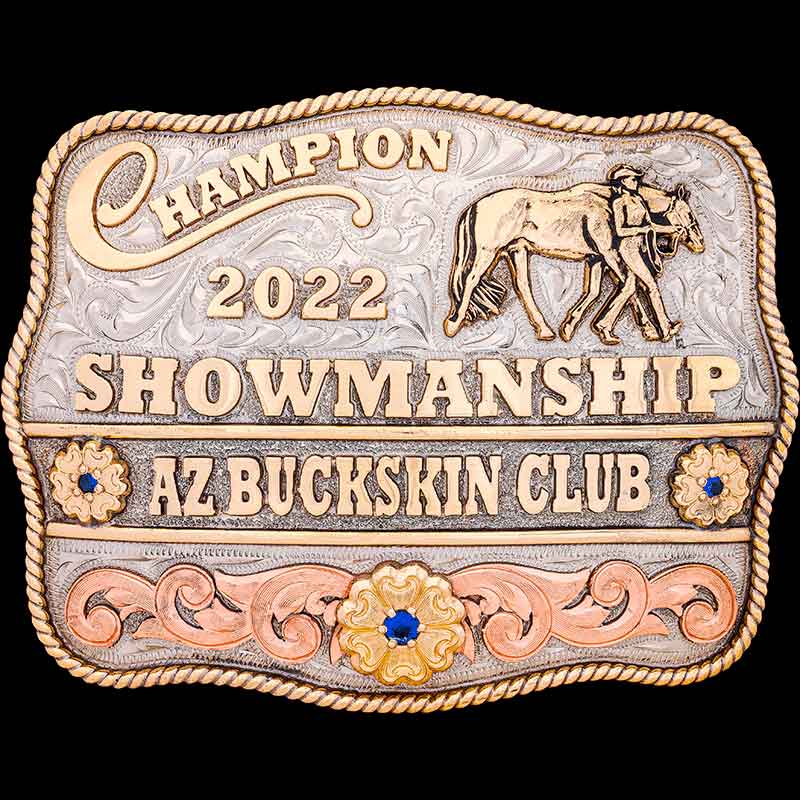 The Houston Custom Silver Buckle features a bronze single rope edge, lettering, and flowers with stones and copper floral pieces.  Customize this belt buckle with the perfect western figure now! 